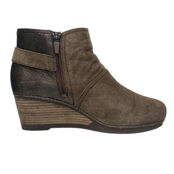 Dansko Womens 9 Suede Leather Side Zip Ankle Wedge Boots Brown - Picture 4 of 16